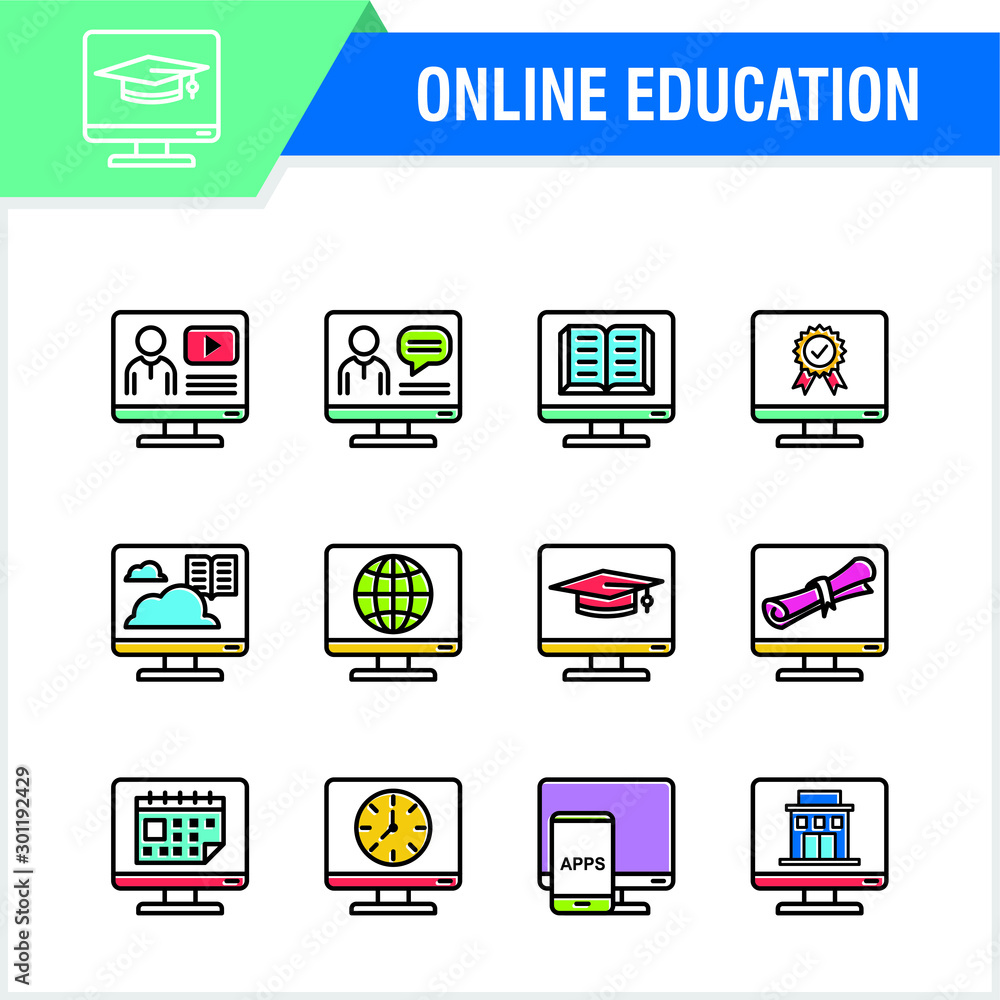 Poster education icons set with line colorful design. vector online or e-learning and school icon set with 