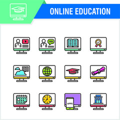 Education icons set with line colorful design. Vector online or e-learning and school icon set with editable vector. simple, trendy and modern icon