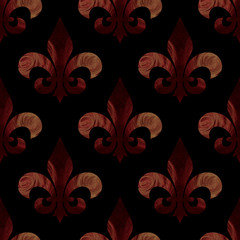 Fleur de lis with abstract texture of dark red colors drawn with watercolor on a dark background