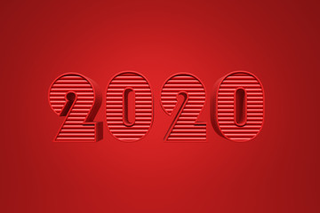 Happy New Year 2020. Red glossy numbers on the red background.