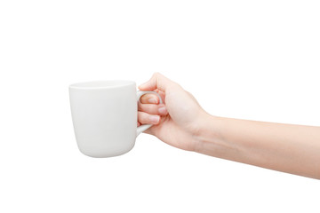 Coffee cup in hand. Isolated on white background.