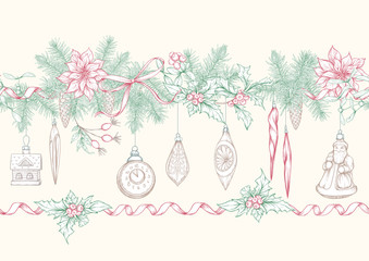 Christmas wreath of spruce, pine, poinsettia, dog rose, cowberry, cranberry, mistletoe, fir with vintage decorations. Seamless pattern. Graphic drawing engraving style. Vector illustration