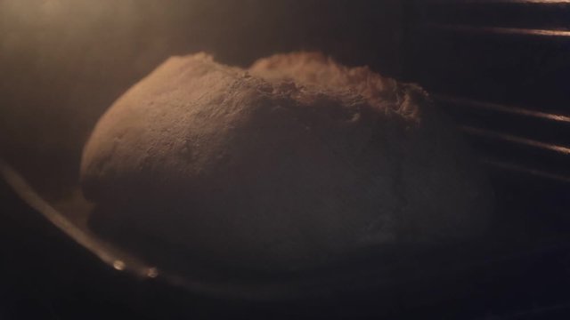 Organic fresh loaf of bread baking in the oven of a kitchen. Timelapse of tasty bread in a bakery. Crusty of bread. Food.