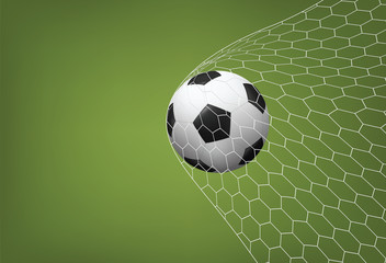 Soccer football ball in goal with white net and green field background. Vector.