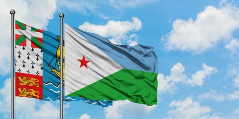 Saint Pierre And Miquelon and Djibouti flag waving in the wind against white cloudy blue sky together. Diplomacy concept, international relations.