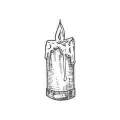 Hand Drawn Christmas Burning Candle Vector Illustration. Abstract Rustic Sketch. Winter Holiday Engraving Style Drawing.