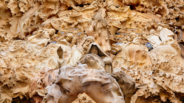 Sagrada Familia Church Exterior By Antoni Gaudi In Barcelona.  Church Of The Holy Family. 