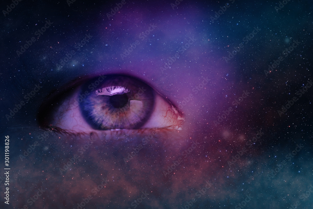 Poster Close up Abstract eye concept looking on a nebula dust in infinite space backgroud. . Mixed media.