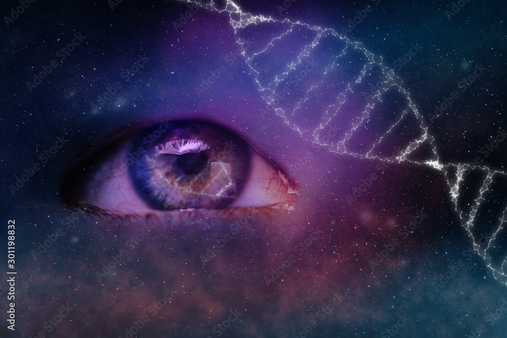 Poster close up abstract eye concept looking on a dna molecule. nebula dust in infinite space backgroud. mi