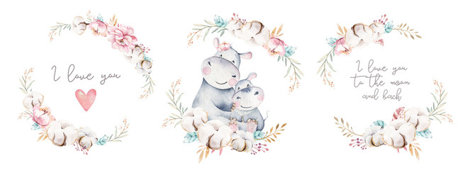 Watercolor cute cartoon illustration with cute mommy hippo and baby, flower leaves wreath. Mother and baby illustration design. Tropical mom and kid