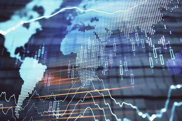 Financial chart hologram with globe and abstract background. Double exposure. Concept of market analysis