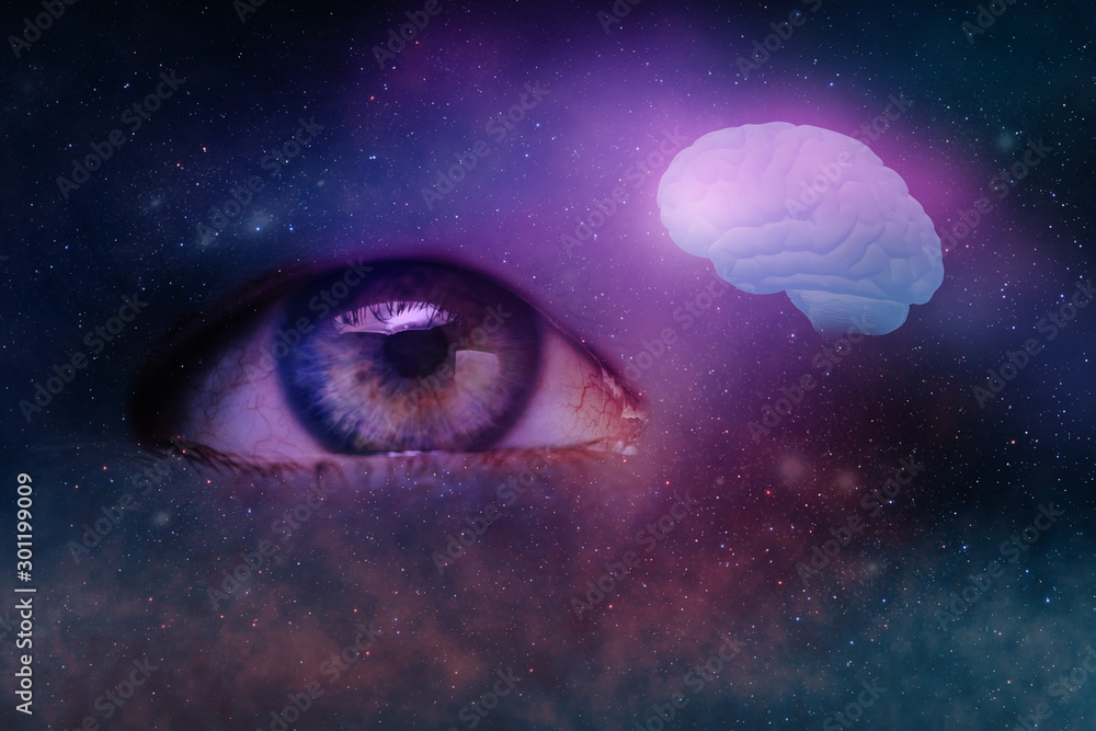 Poster close up abstract eye concept looking on a human brain. nebula dust in infinite space backgroud. mix