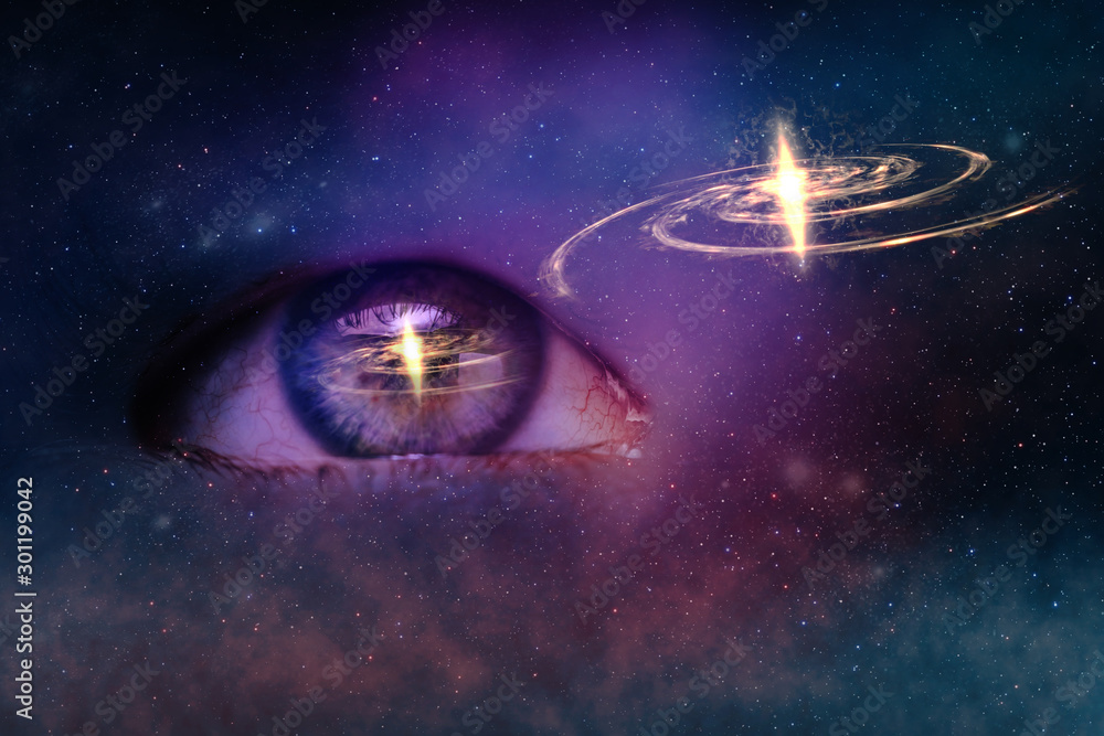 Poster close up abstract eye concept looking on a new star circle . nebula dust in infinite space backgroud