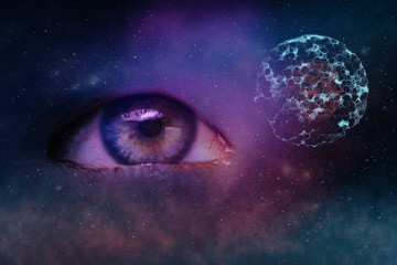Close up Abstract eye concept looking on a cell dividing. Nebula dust in infinite space backgroud....