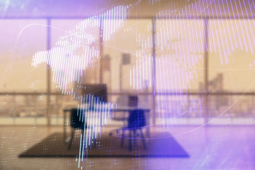 Plakat World map hologram and minimalistic cabinet interior background. Double exposure. International business concept.