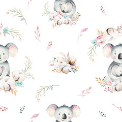 Obraz na płótnie Canvas Watercolor cute cartoon little baby and mom koala with floral wreath seamless pattern. tropical fabric background. Mother and baby design. Animal family. Kid love birthday drawing