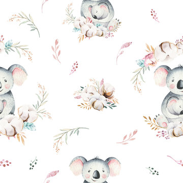 Watercolor cute cartoon little baby and mom koala with floral wreath seamless pattern. tropical fabric background. Mother and baby design. Animal family. Kid love birthday drawing