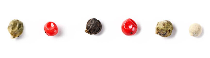 Set colorful pepper isolated on white background, macro and top view