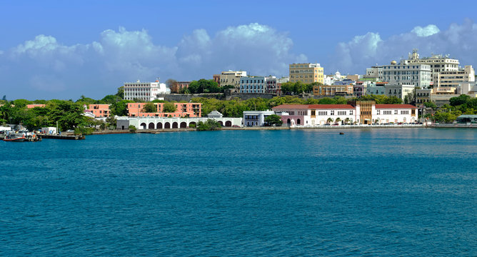 Sea view of the sunlit coastline of San Juan, Puerta Rico