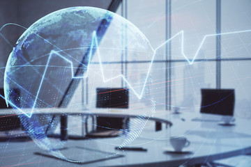 Double exposure of stock market graph with globe hologram on conference room background. Concept of international finance