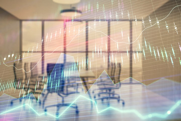 Multi exposure of stock market graph on conference room background. Concept of financial analysis