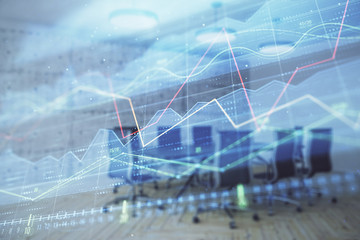 Multi exposure of stock market graph on conference room background. Concept of financial analysis