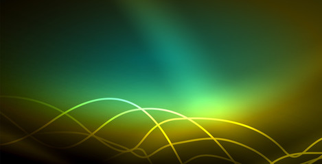 Glowing abstract wave on dark, shiny motion, magic space light. Techno abstract background