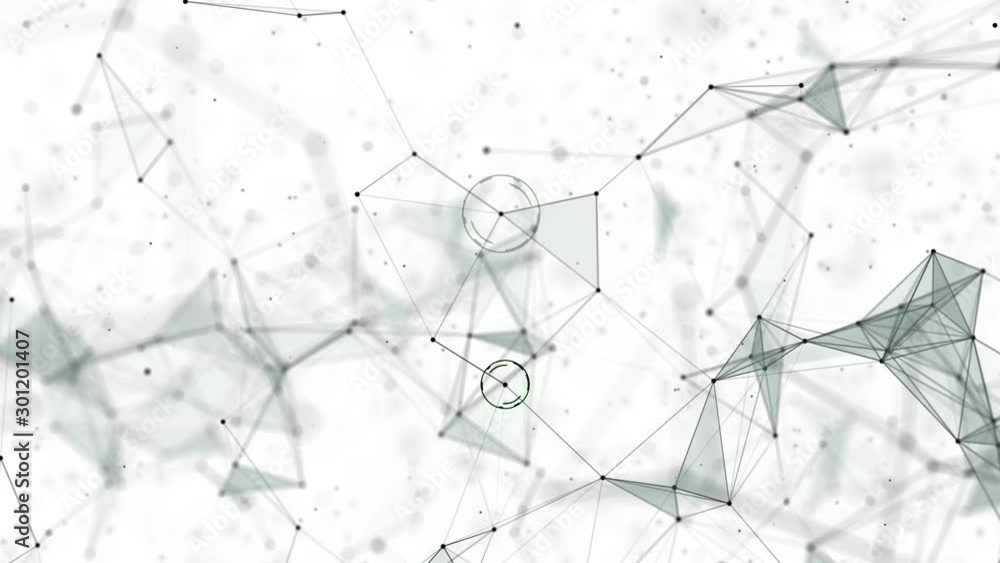 Poster White abstract technology and engineering motion background with plexus elements and dust particles. Original zoom motion. Depth of field settings. 3D rendering