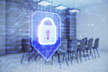 Double exposure of lock icon hologram on conference room background. Concept of cyber security
