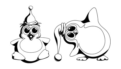 A pair of cute penguins in black and white style