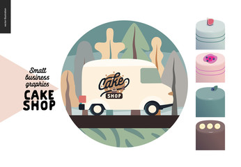 Cake shop, cakes on demand - small business graphics - delivery icon -modern flat vector concept illustrations - a round badge with a delivery van and the range of cakes set