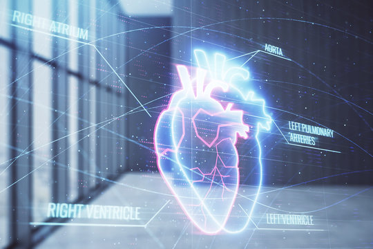 Double exposure of heart drawing hologram on empty room interior background. Medical education concept.