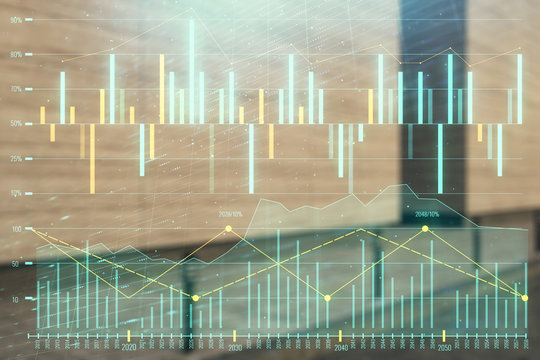 Double exposure of stock market graph on empty exterior background. Concept of analysis © Andrey