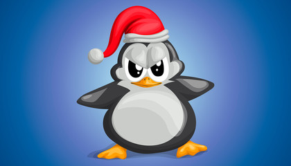 Cute penguin in Christmas hat funny frowns in vector cartoon style