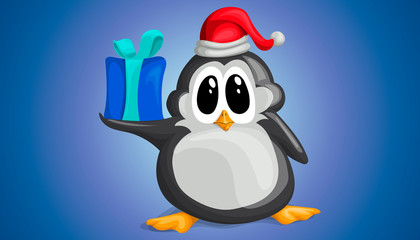 Cute penguin in Christmas hat with gift on paw in vector cartoon style
