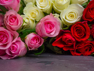 Bouquet of colorful roses, Different color roses background. Pink, red, white Selective focus