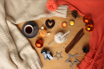 beautiful flat on a wooden natural table with a cup of coffee, tea, mulled wine, with peeled...