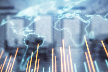 Stock and bond market graph and world map with trading desk bank office interior on background. Multi exposure. Concept of international finance