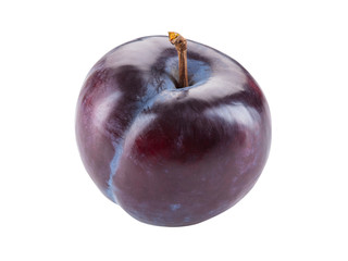 Smooth-skinned, mellow, purple plum fruit isolated on white background with copy space for text or images. Side view. Close-up shot.