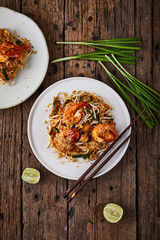 Padthai noodles with shrimps and vegetables.