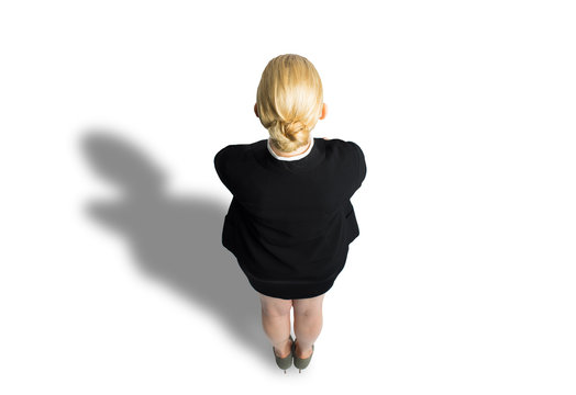 businesswoman on white background viewed from above and behind