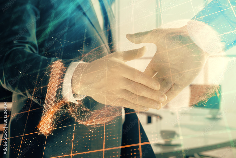 Poster double exposure of blockchain theme drawing on office background with two businessmen handshake. con