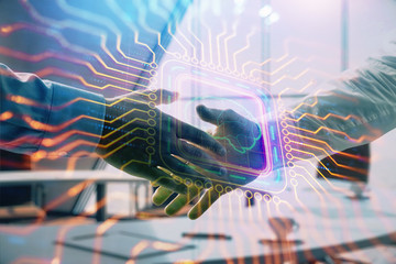 Double exposure of brain drawing on office background with two men handshake. Concept of innovation