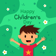 World Children's Day. A background with green grassland with flowers on it is a child who is being touched, for background, cover, text template