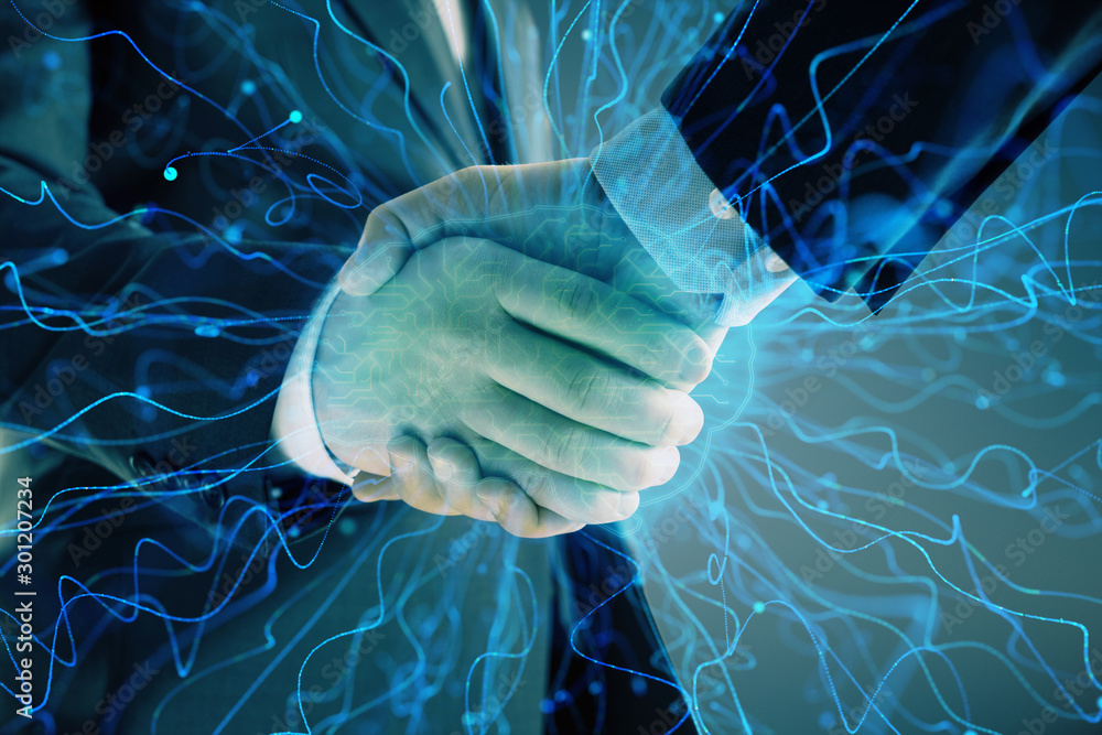 Poster multi exposure of human brain drawing on abstract background with two men handshake. concept of data
