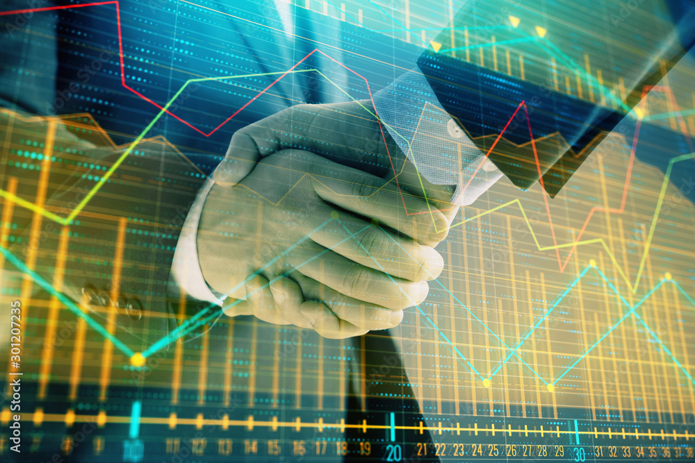 Poster multi exposure of forex graph on abstract background with two businessmen handshake. concept of succ