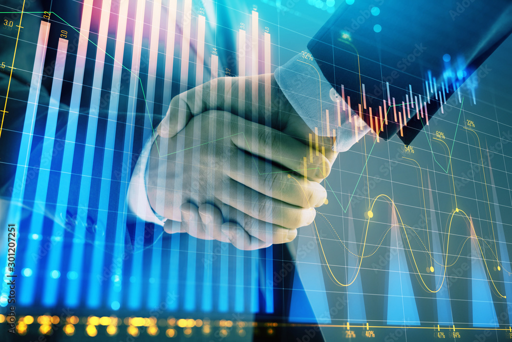 Poster multi exposure of forex graph on abstract background with two businessmen handshake. concept of succ