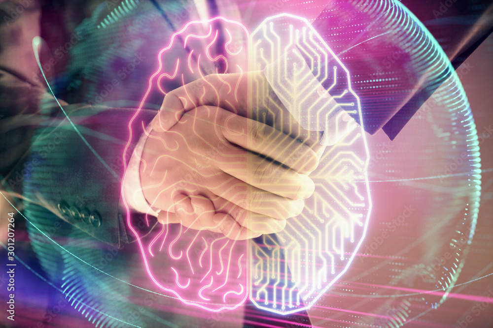 Poster multi exposure of human brain drawing on abstract background with two men handshake. concept of data