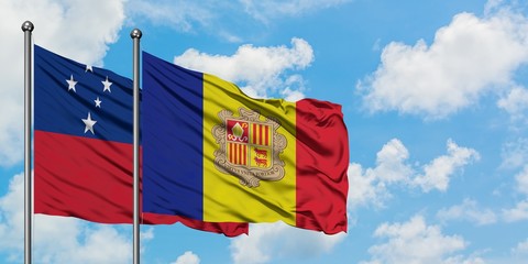 Samoa and Andorra flag waving in the wind against white cloudy blue sky together. Diplomacy...