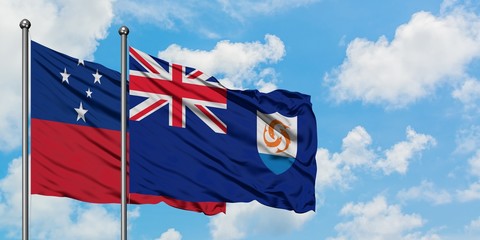 Samoa and Anguilla flag waving in the wind against white cloudy blue sky together. Diplomacy...